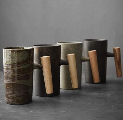 Vintage Ceramic Mug with Wooden Handle